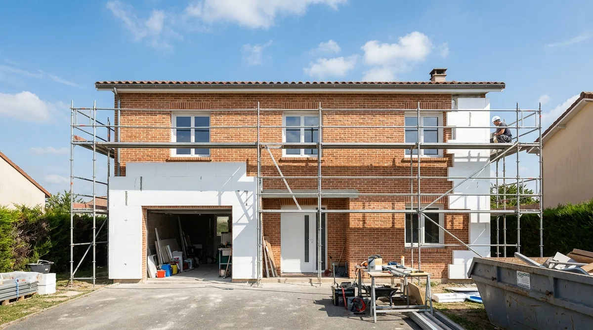 1980s suburban house renovation in Haute-Garonne with Toulouse red brick facade and modern insulation scaffolding under a sunny sky