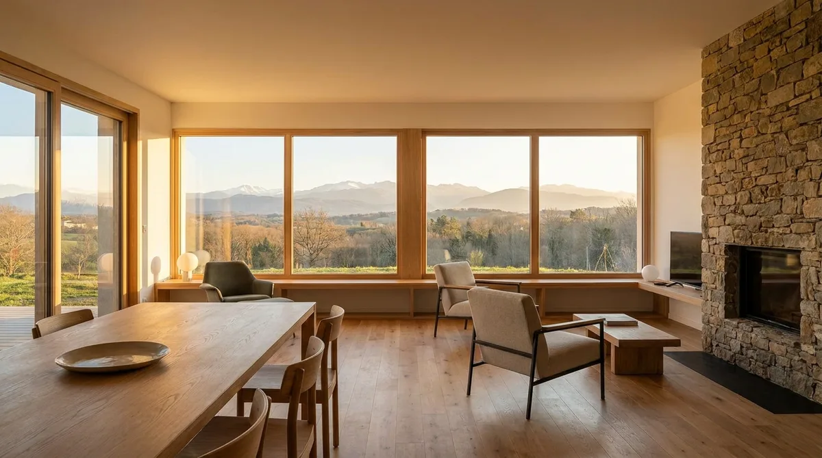 Interior of a renovated 1980s house in Toulouse area featuring modern energy-efficient windows looking out to the Pyrenees mountains
