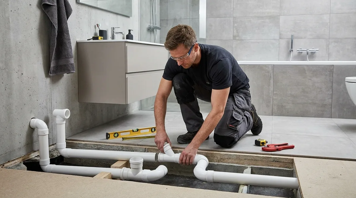 Installation of modern PVC drainage pipes in a bathroom floor