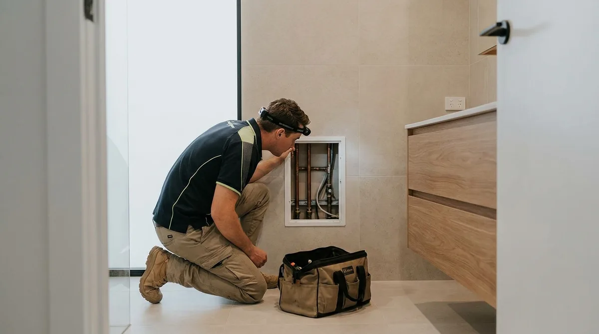 Plumber inspecting pipes through a discreet bathroom wall access panel