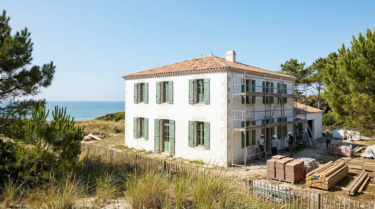 traditional white house with green shutters and terracotta roof being renovated near the ocean in Charente-Maritime, sunny weather