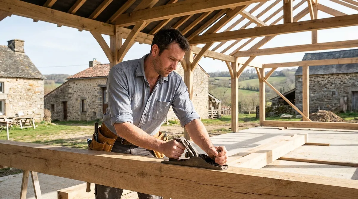carpenter working on a traditional wooden framework for a tourist gite in Nouvelle-Aquitaine, using local oak wood