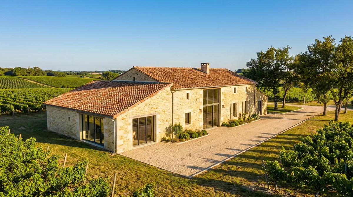 traditional charentaise stone house renovation in Cognac vineyards with roman tile roof under sunny sky