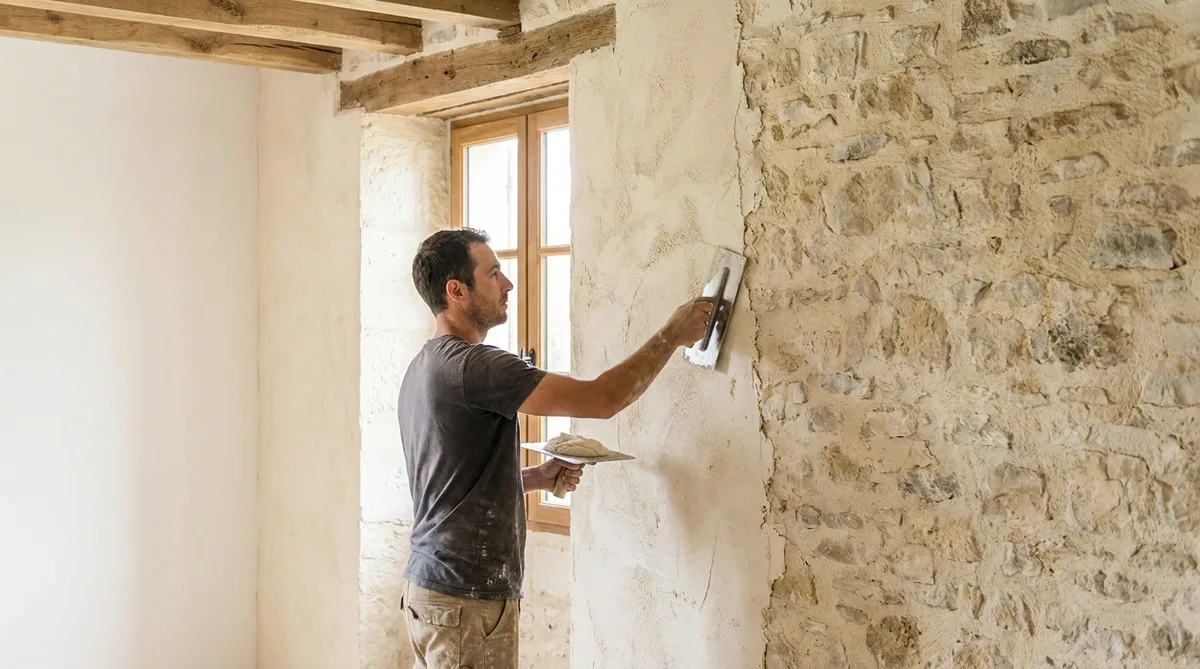 applying breathable lime plaster on old limestone wall in a traditional house interior in Nouvelle-Aquitaine