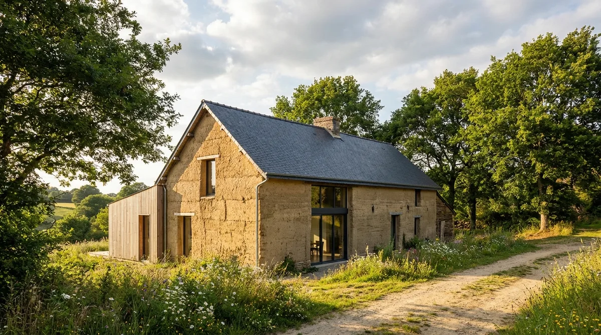 traditional bauge earth house renovation in Ille-et-Vilaine Brittany countryside with slate roof and green landscape
