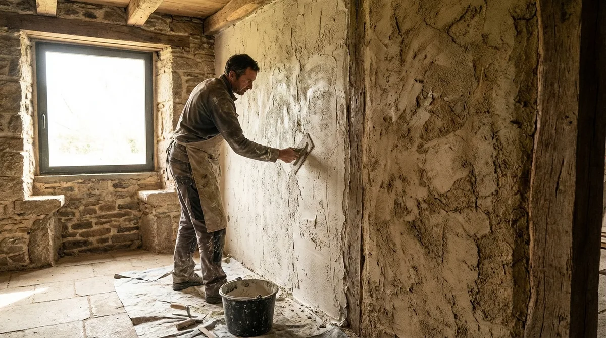 craftsman applying traditional lime plaster on an old earth wall in a rustic Brittany house
