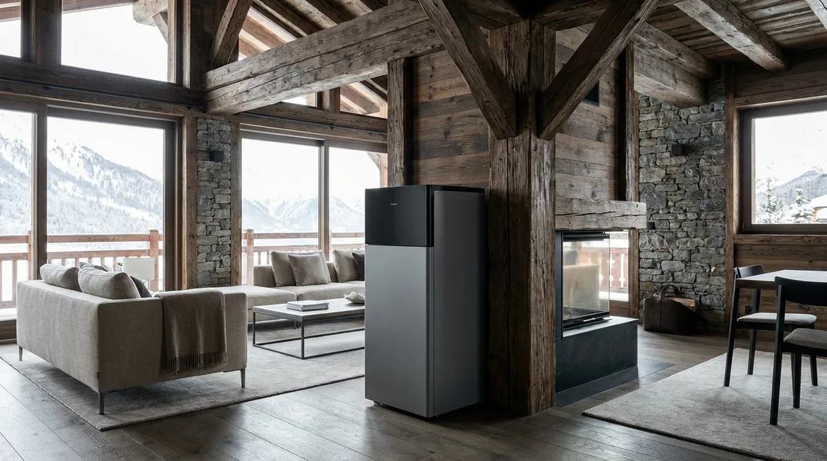 intérieur d'un chalet alpin en Auvergne-Rhône-Alpes montrant une installation moderne de pompe à chaleur hybride à côté de poutres en bois traditionnelles