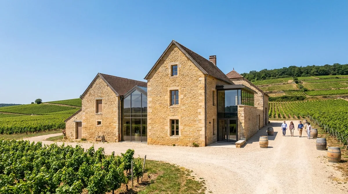 traditional burgundy stone wine estate renovation with vineyards in the background under a clear sky