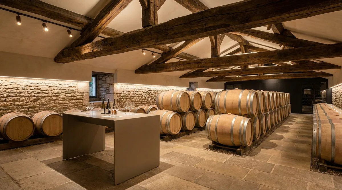 interior of a renovated wine cellar in Côte-d'Or showing exposed traditional wooden beams and modern oak barrels on the stone floor