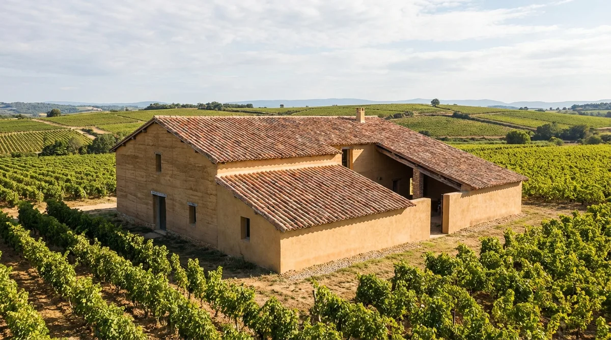 traditional rammed earth farmhouse in the Rhone region with terracotta roof tiles surrounded by vineyards