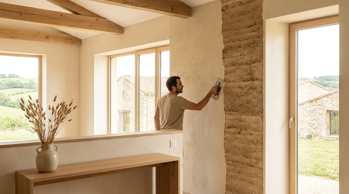 interior renovation of a rammed earth wall in a Lyon countryside house applying natural lime plaster