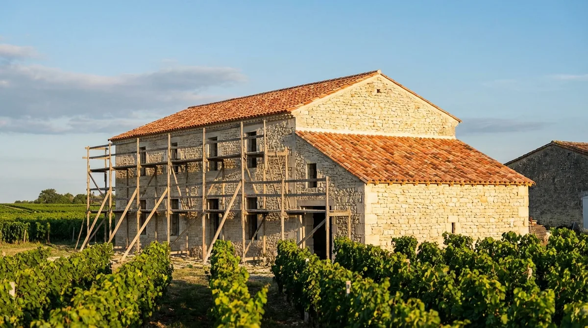 traditional Charentaise stone house renovation in Cognac vineyards with scaffolding and roman tile roof