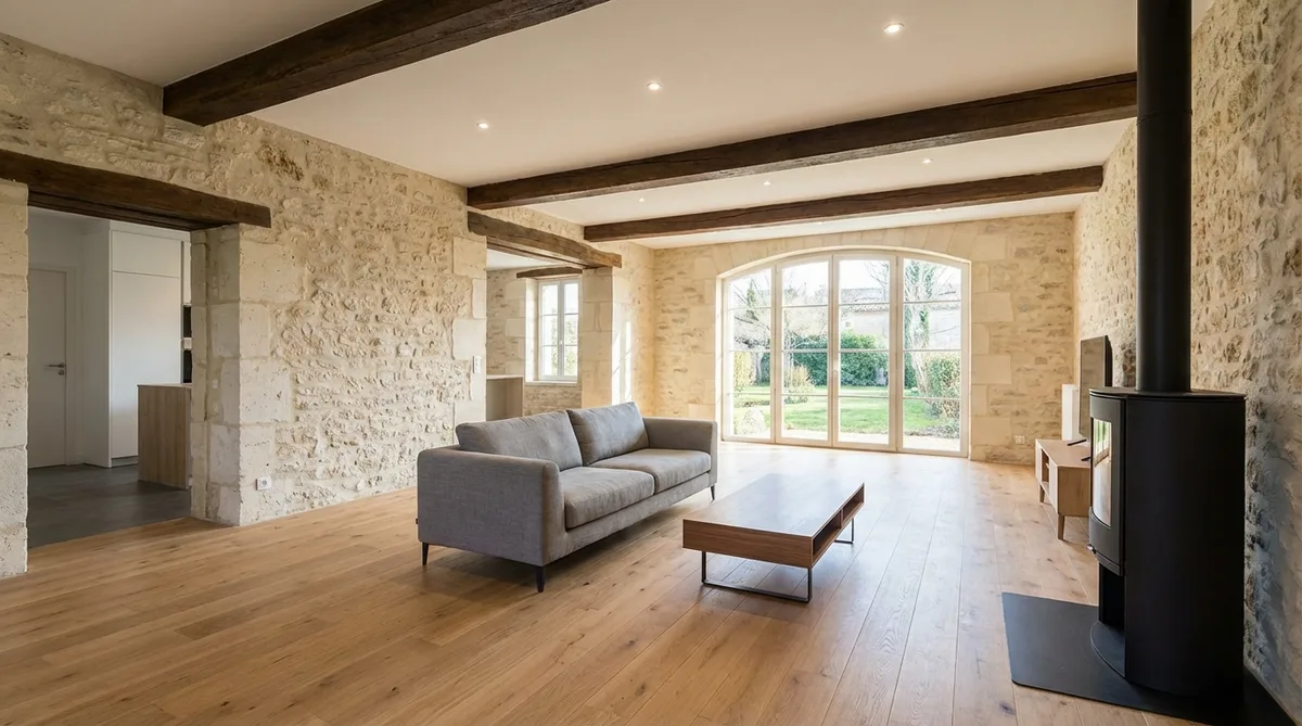 interior renovation of a traditional Charentaise house with exposed limestone walls and modern oak flooring