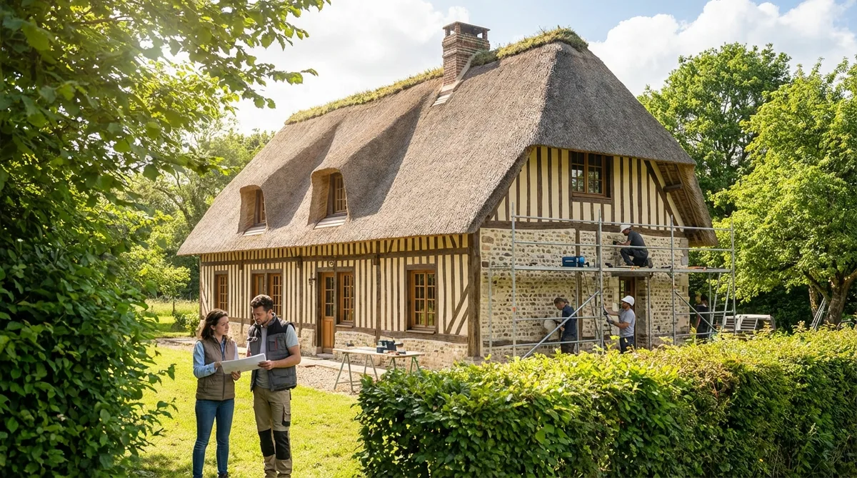 traditional half-timbered house renovation in Normandy countryside with thatched roof and green bocage