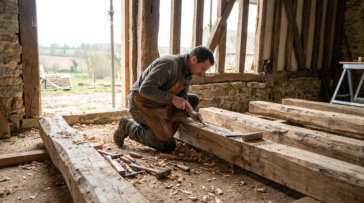 craftsman repairing wooden framework of an old norman house in Calvados with tools and oak beams
