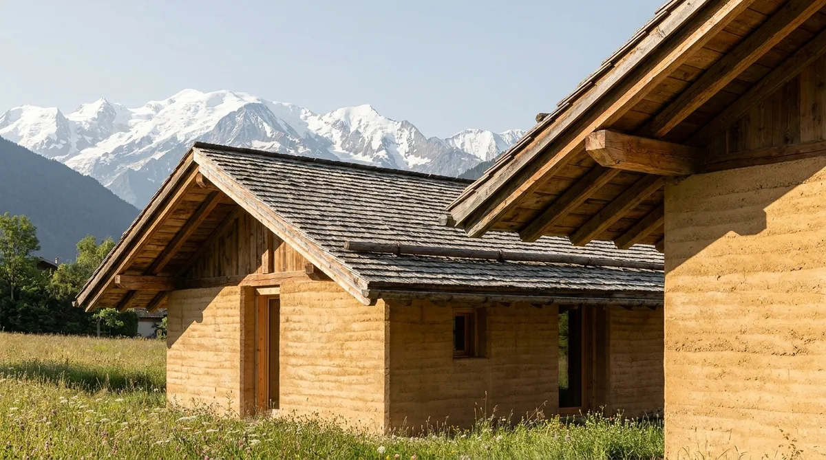 Traditional rammed earth Dauphinoise house in Isere France with large wooden roof overhangs and Alps mountains in background