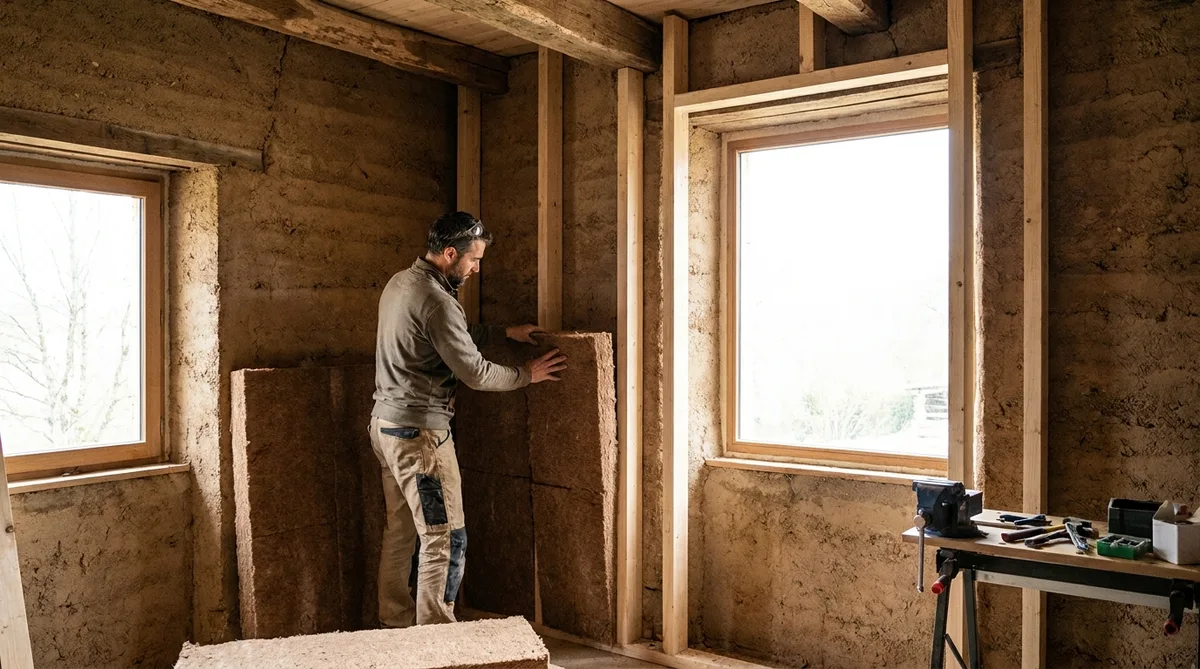 Craftsman installing wood fiber insulation inside an old rammed earth house in Auvergne-Rhone-Alpes