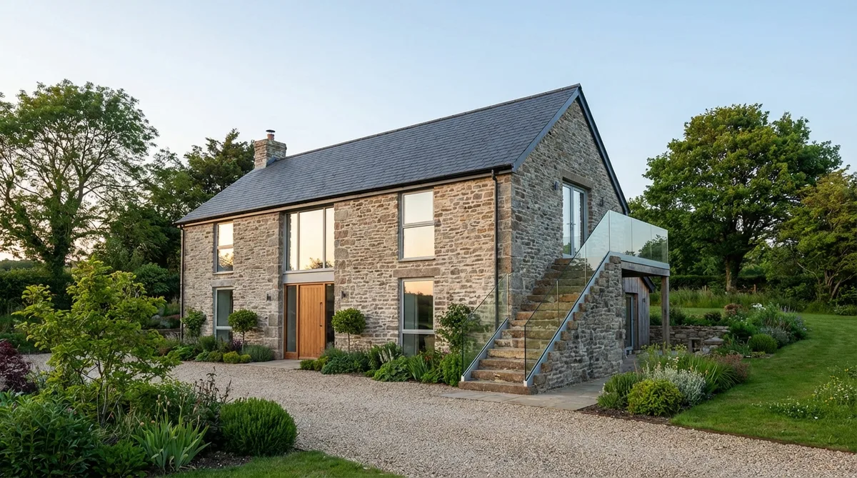 traditional nantes house renovation with slate roof and exterior stone staircase in loire-atlantique region