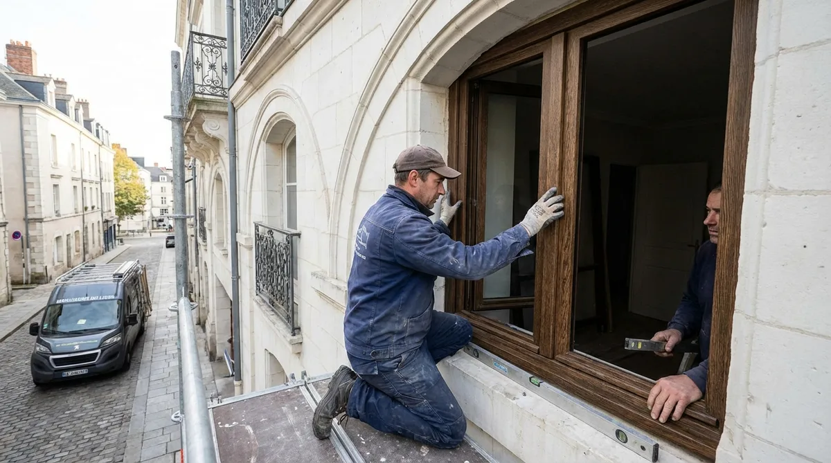 craftsman installing thermo-heated wood windows on a typical nantes facade with local white stone