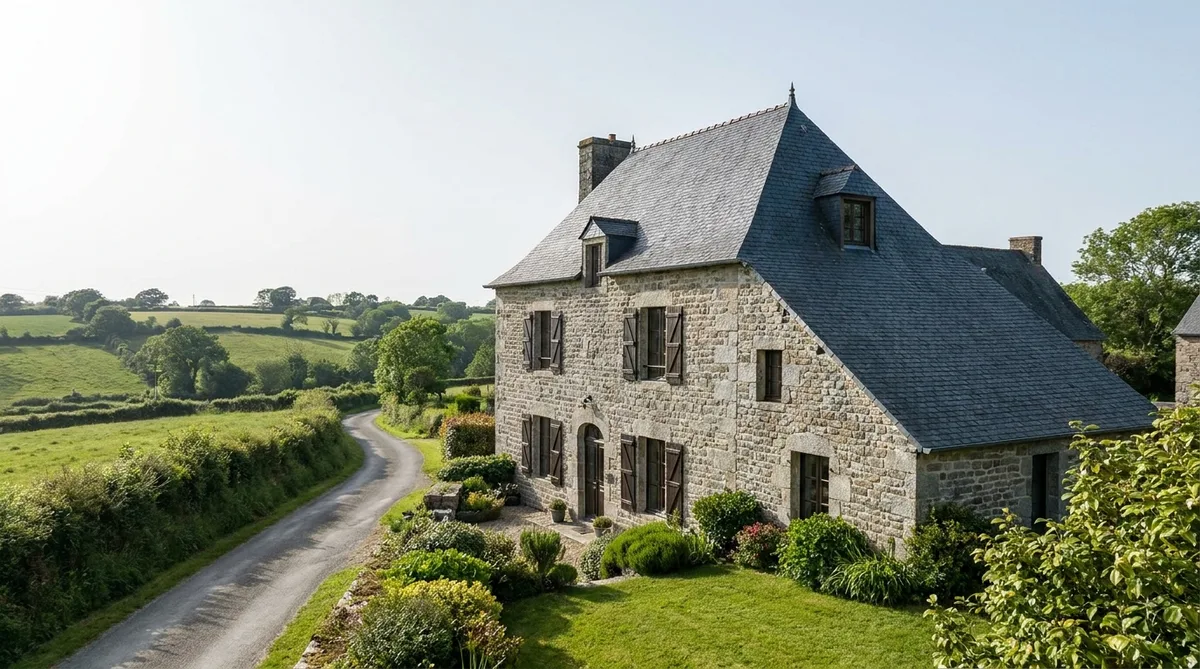 traditional malouiniere granite stone house with tall slate roof in Brittany countryside near Saint Malo