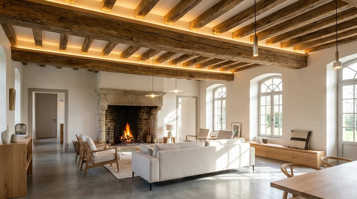 interior renovation of an old breton mansion with exposed wooden beams modern lighting and classic stone fireplace