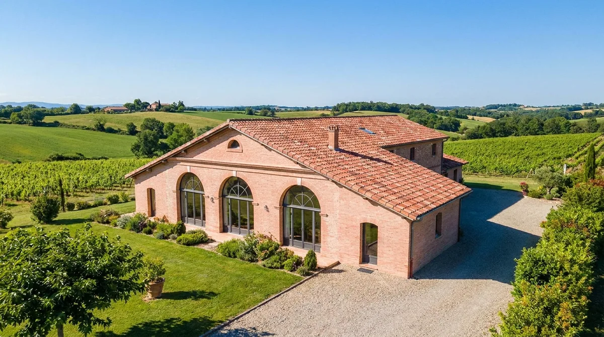 traditional toulousaine house with pink bricks and canal tiles in Haute-Garonne countryside, sunny day