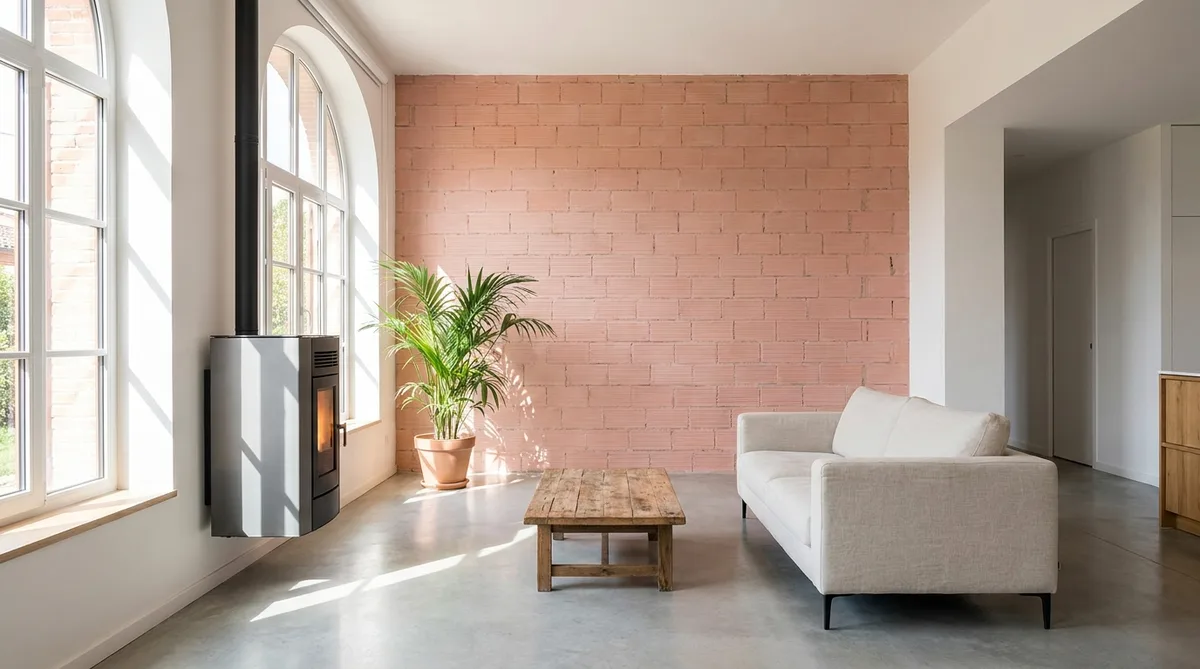 interior of a renovated toulousaine house, exposed pink brick wall, modern eco-friendly heating system, bright natural light