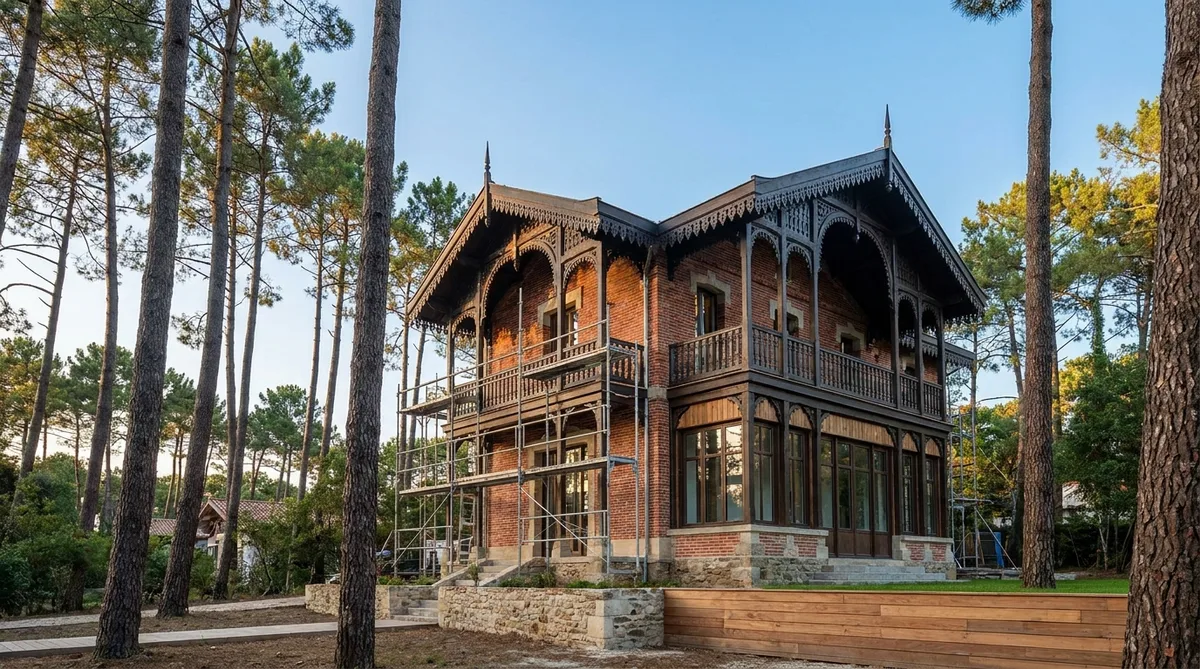 traditional arcachon villa renovation in gironde with ornate wooden lambrequins, red brick facade, and pine trees in the background