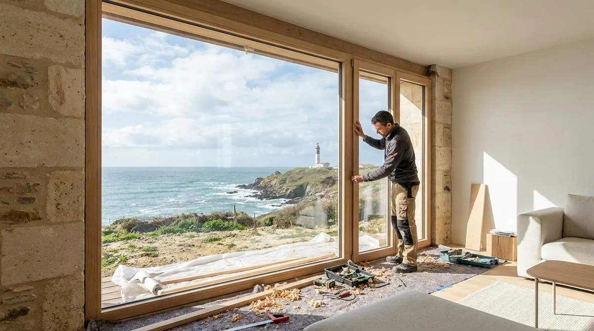 installation of custom wooden double glazed windows in a historic seaside house in gironde facing the atlantic ocean