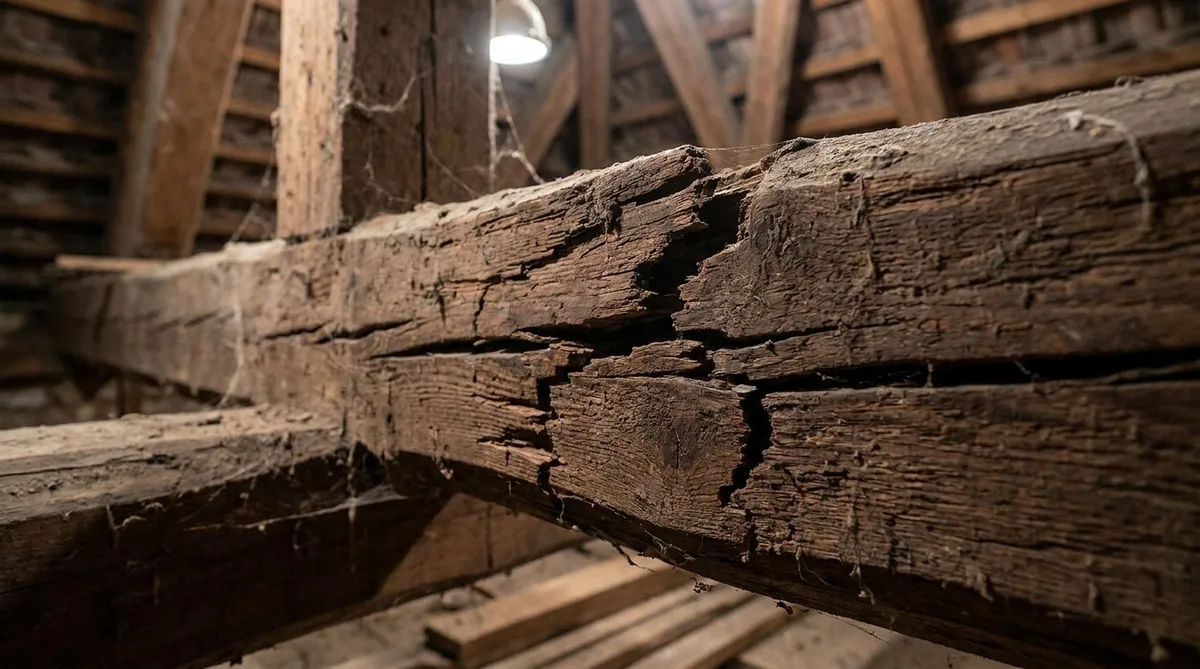 close up of a deeply cracked structural wooden beam in an old attic