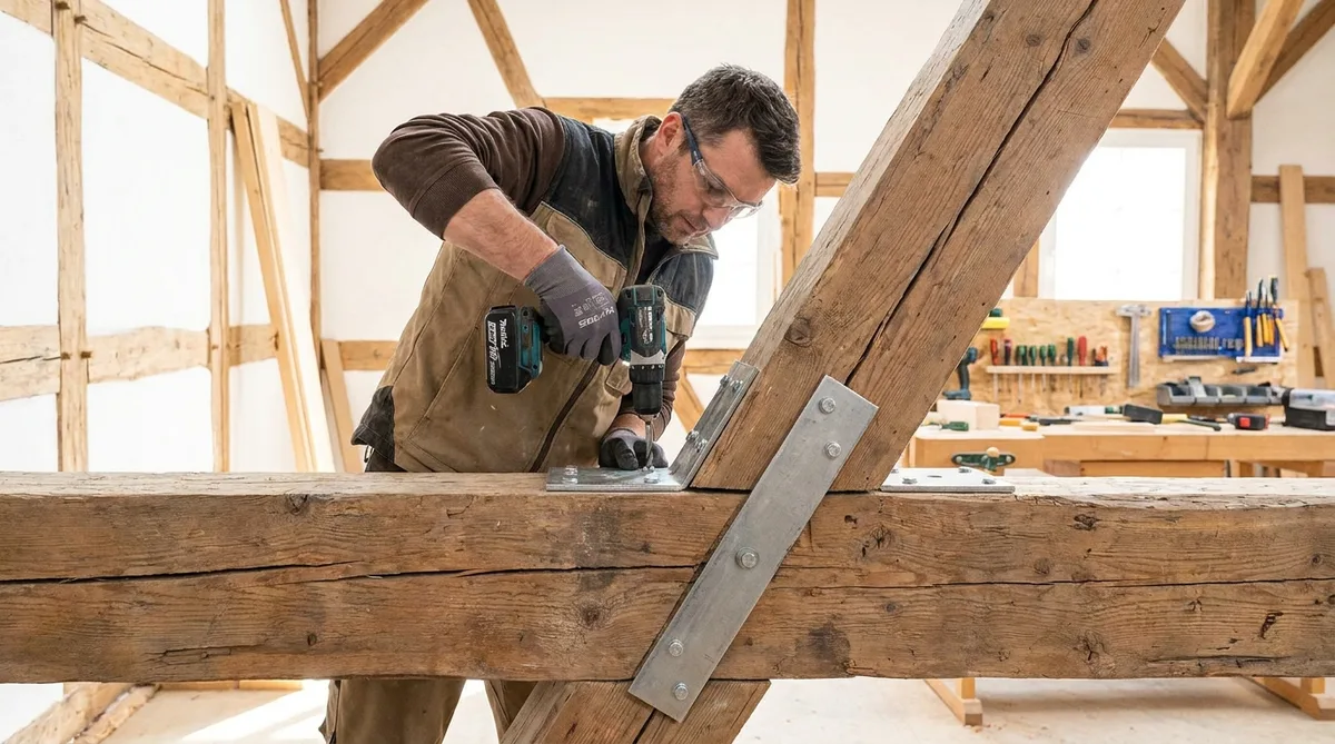 carpenter installing structural reinforcements on a cracked beam