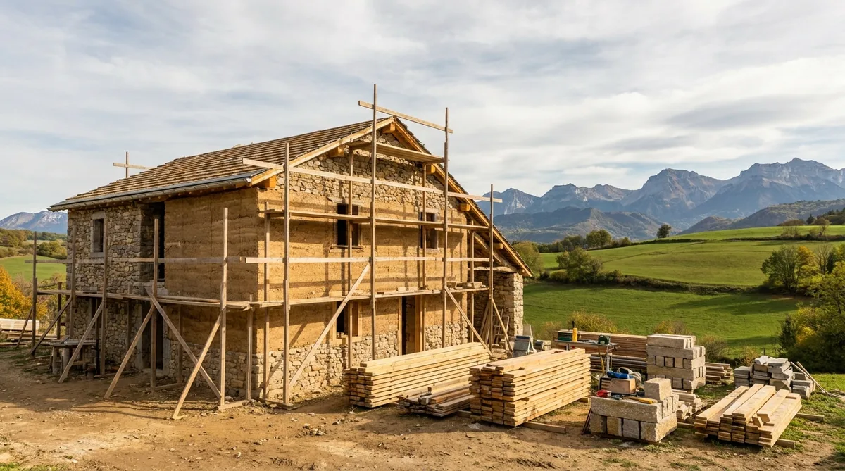 traditional dauphinoise house under construction with pise walls and scaffolding in Isere countryside near mountains