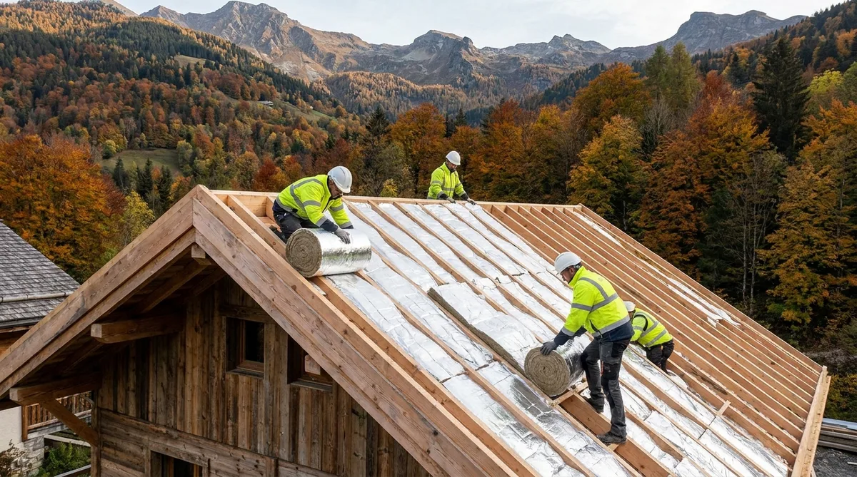 construction workers installing insulation on a wooden chalet roof in the French Alps Isere with autumn foliage