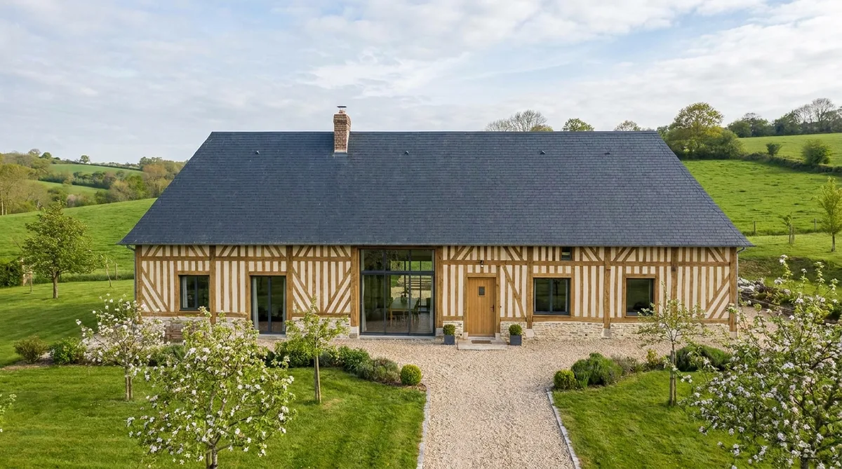 traditional half-timbered norman house renovation with slate roof in Calvados countryside