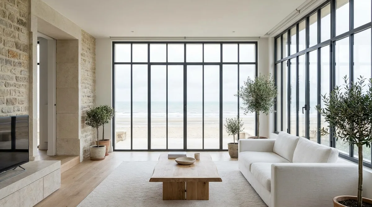 modern interior renovation of a seaside villa in Deauville with large windows