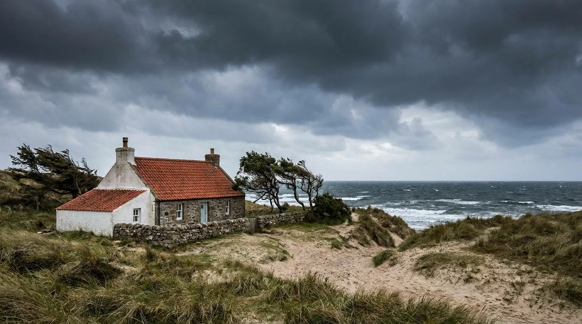 traditional low house in Vendée with roman tiles and white walls resisting strong coastal winds under dramatic sky
