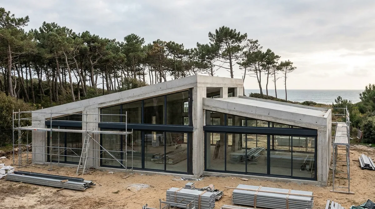 modern construction site of a coastal villa in Vendée, concrete structure and storm proof windows, pine trees in background