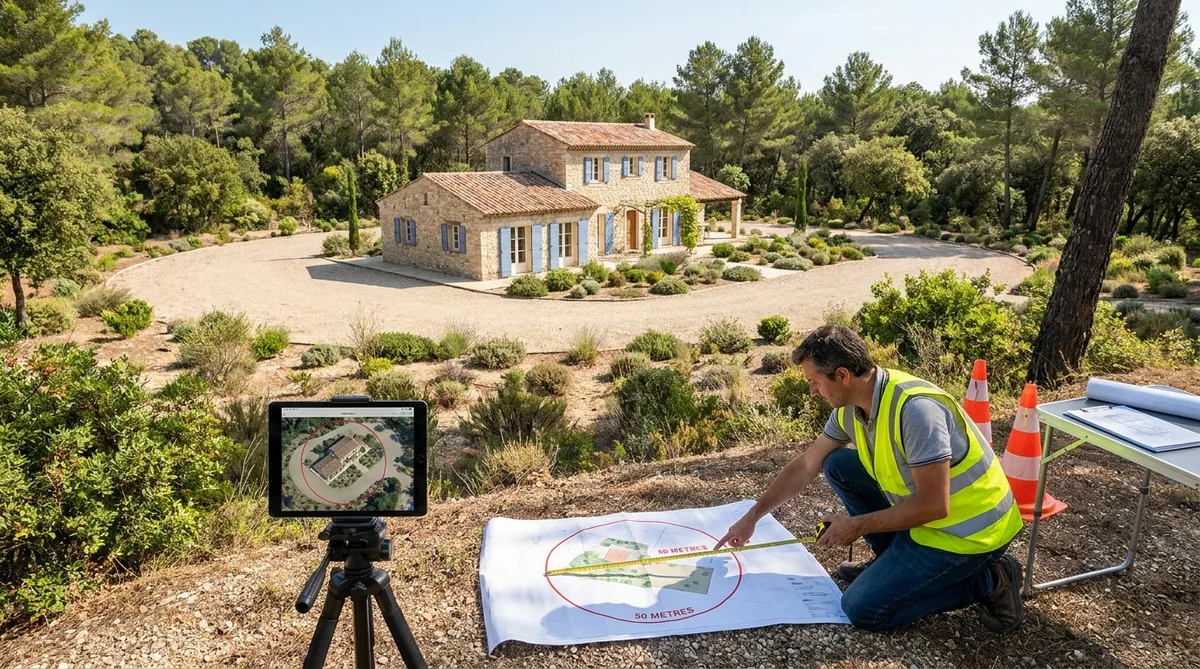 Provencal stone house surrounded by properly cleared pine forest and garrigue under a sunny summer sky in the Var