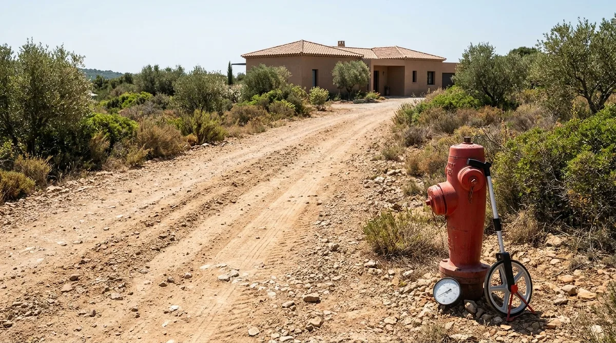 Wide dirt access road for fire trucks leading to a modern villa in the dry Var scrubland with a red fire hydrant