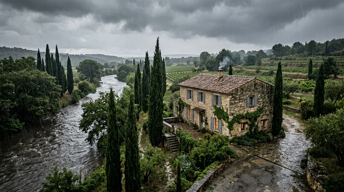 traditional provencal stone house near a rising river with cypress trees under heavy rain