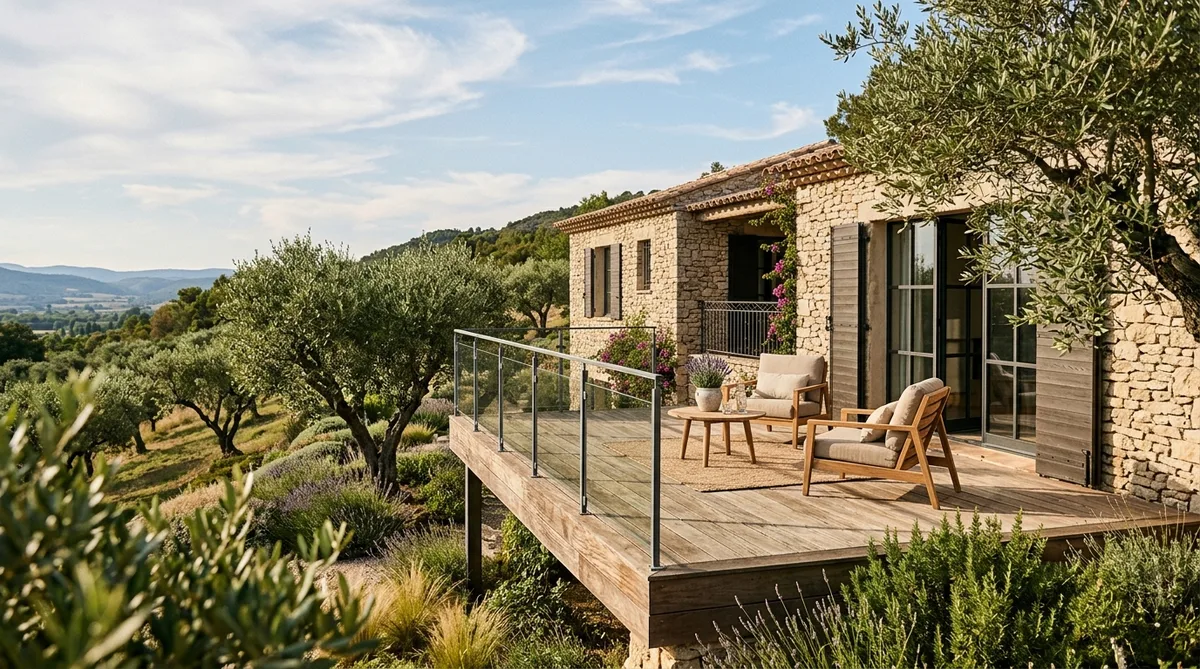 elevated wooden terrace on a provencal villa with dry stone walls and olive trees
