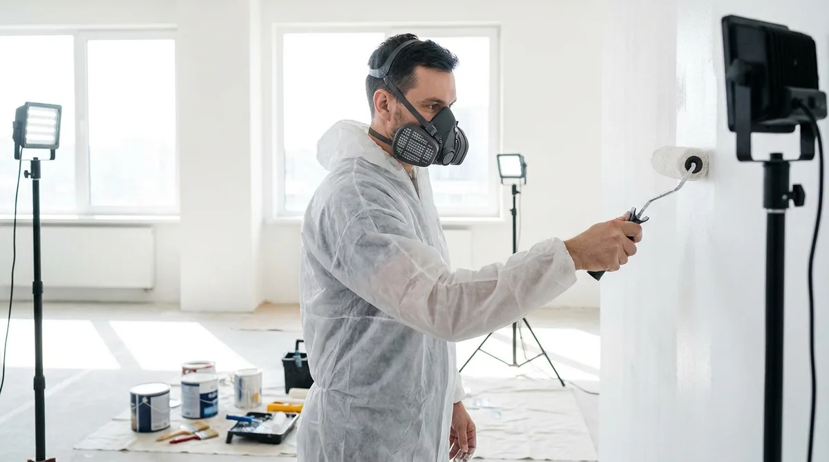 Artisan peintre portant un masque respiratoire moderne et une combinaison de protection dans une pièce bien éclairée