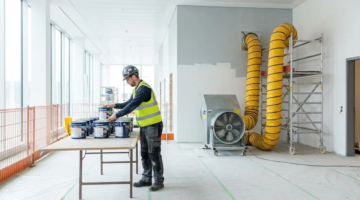 Chantier de construction avec équipement de ventilation approprié et un peintre organisant des pots de peinture