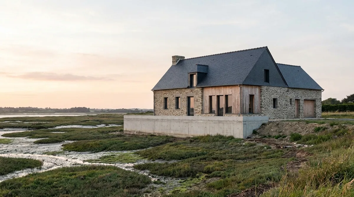 Traditional house in Loire-Atlantique near the estuary with reinforced elevated foundations and local slate roofing to prevent flood risks