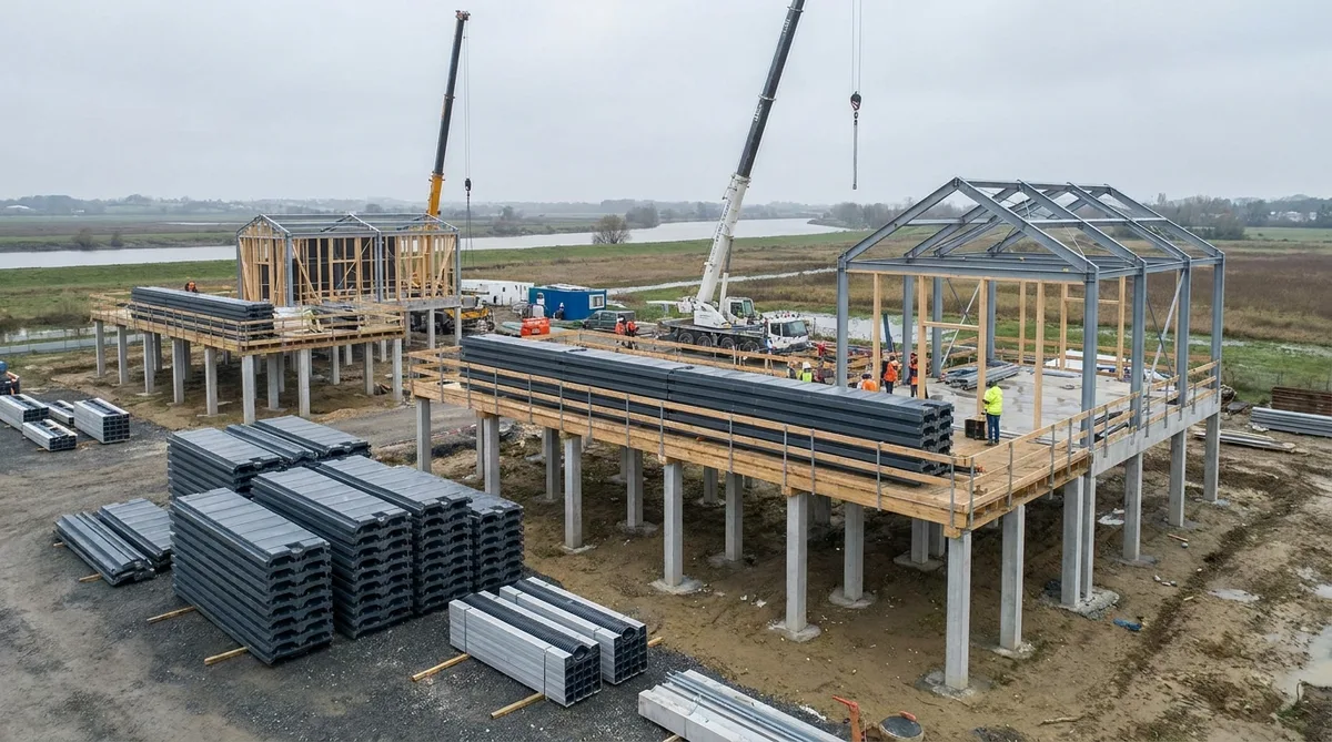 Construction site in Nantes region showing elevated concrete foundations and flood resistant building materials with gray skies