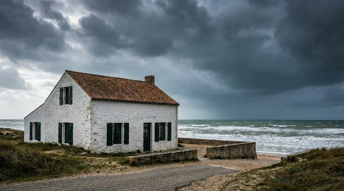 traditional white house with green shutters in Ile de Re facing the ocean under a stormy sky