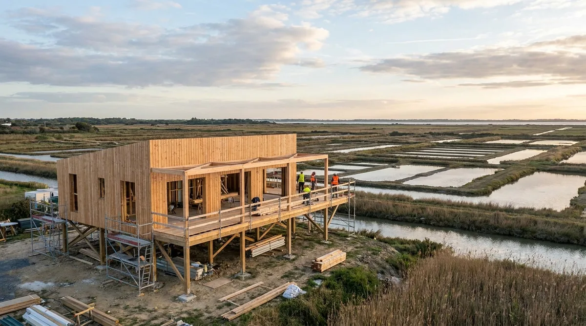 construction site of a raised wooden house on the Charente-Maritime coast with salt marshes in the background