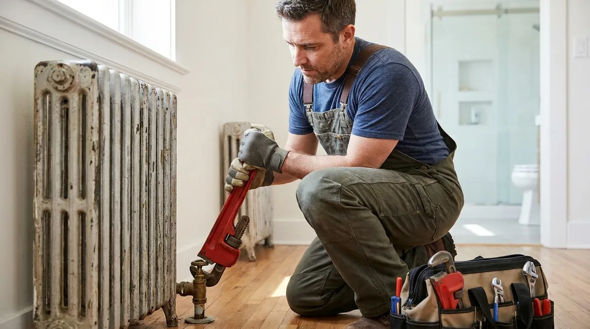 Plombier utilisant une clé à griffes pour démonter un vieux robinet sur un radiateur en fonte