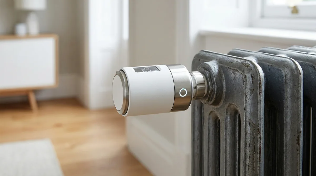 Gros plan sur une tête thermostatique moderne et connectée installée sur un radiateur ancien en fonte
