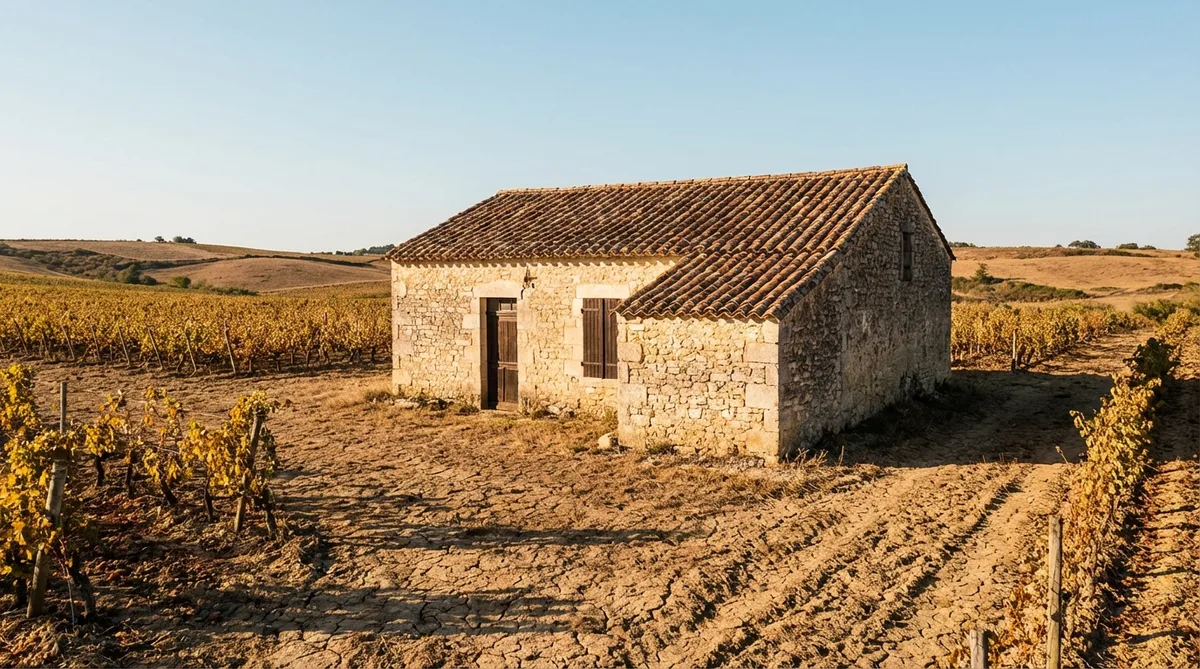 traditional single-story stone house with canal tiles in the Gironde vineyards showing soil drought conditions
